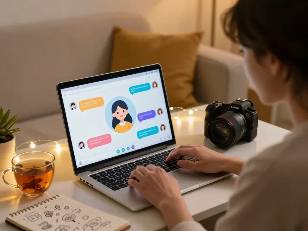 Interactive virtual conversation with porn chat ai in a warm digital setting, highlighting user engagement and comfort.