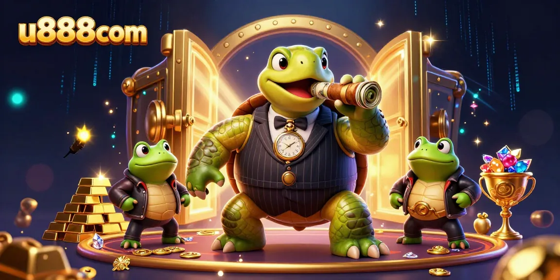 Engage with u888com's thrilling atmosphere through a captivating casino scene featuring cartoon characters and treasure elements.