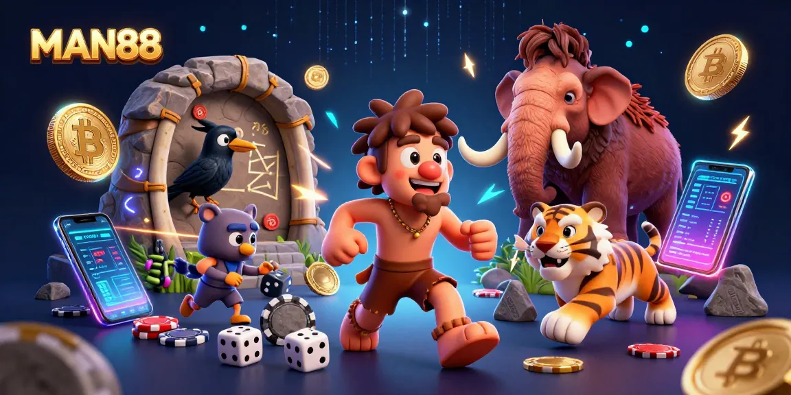 Engage with MAN88 at a thrilling dynamic casino scene featuring prehistoric characters.