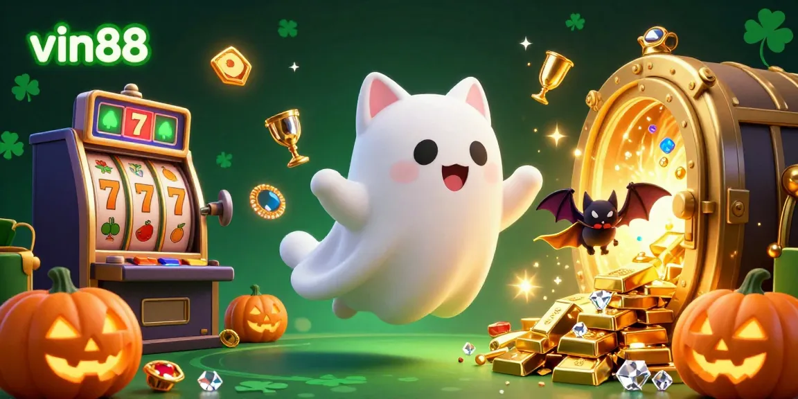 Experience thrilling online gaming at vin88 with friendly ghost cat, glowing jack-o-lanterns, and vibrant casino elements.