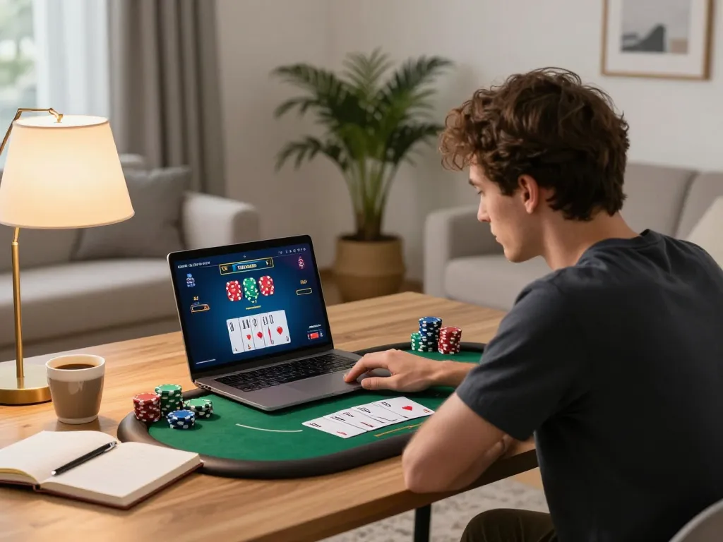 Kuwin user enjoying an online poker game at home with a laptop and cozy setup