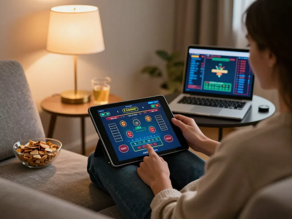 VB88 player engaging in a live dealer game on a tablet while relaxing at home.