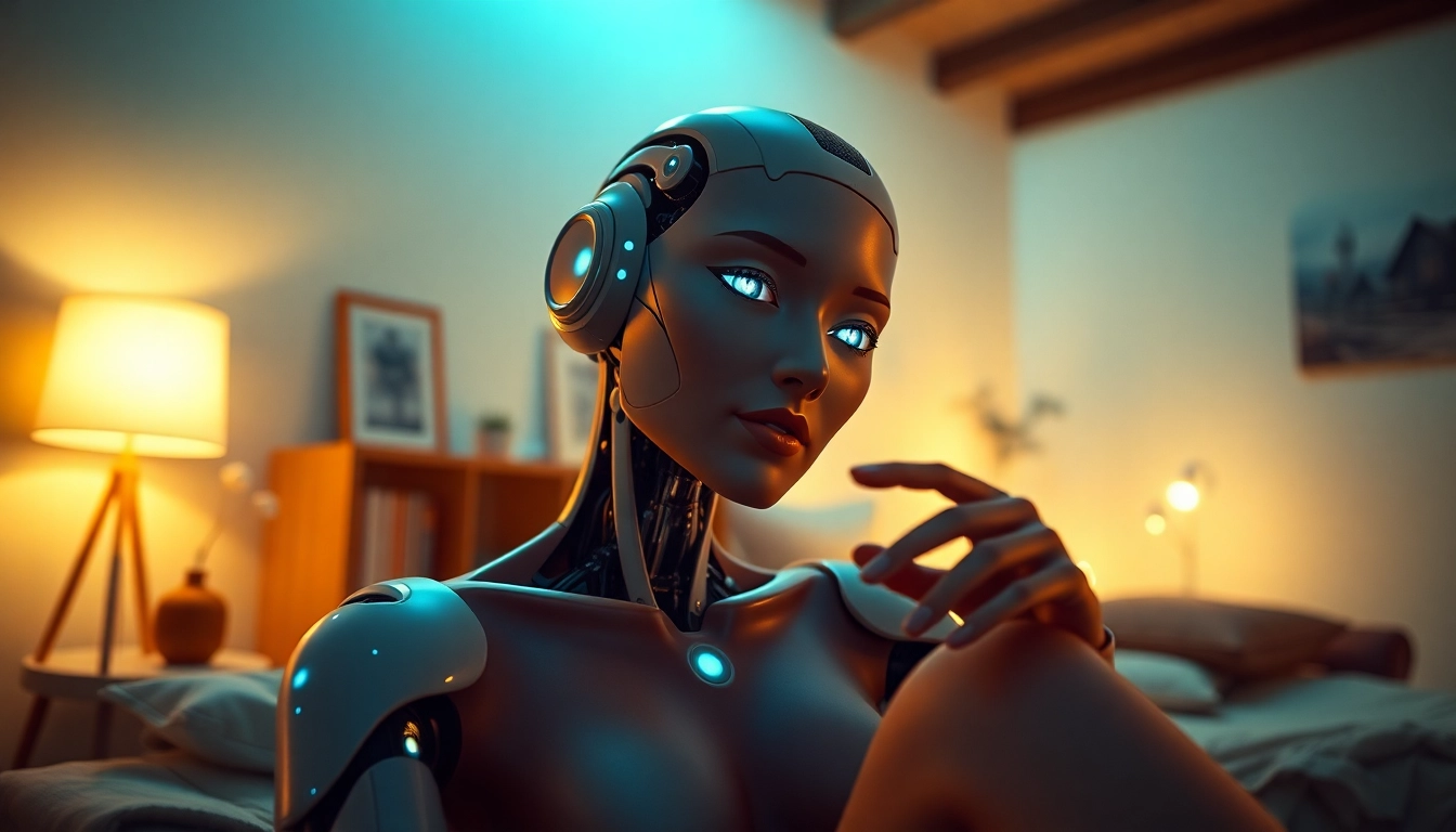 Intriguing image of a sex bot showcasing advanced AI features in a warm, intimate setting.