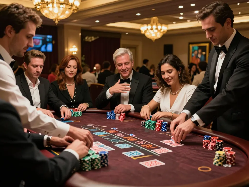 fun88 players strategizing over a blackjack table in an upscale casino environment