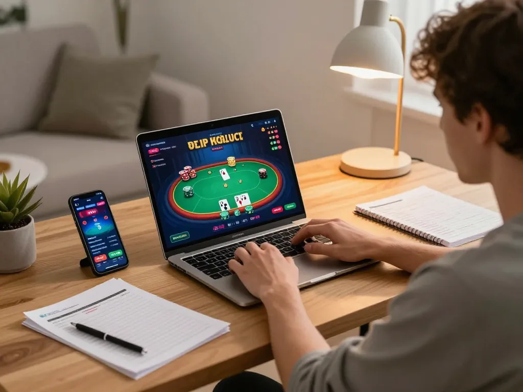 Engaging online gaming moment featuring xo88ez poker game interface on a laptop.