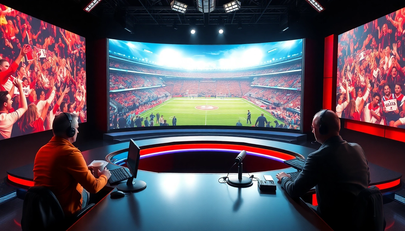 Engaging sports broadcasting studio with live events, highlighting excitement in sports broadcasting.