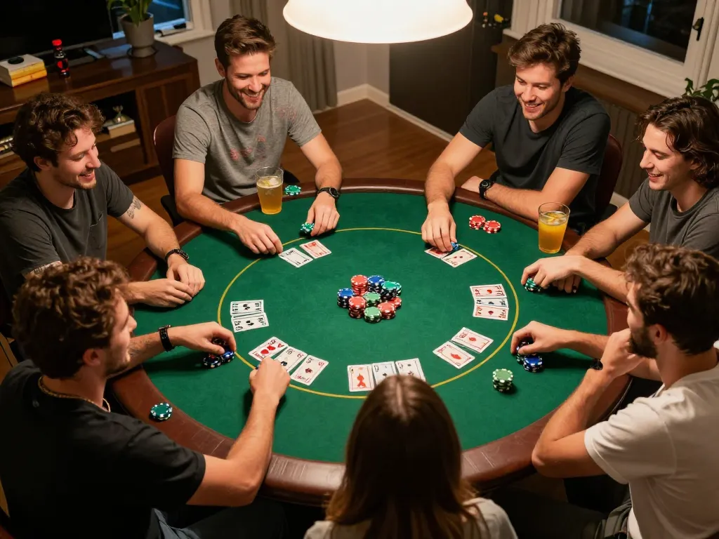 Friends play poker with excitement at home, showcasing the U888 gaming strategy in action.