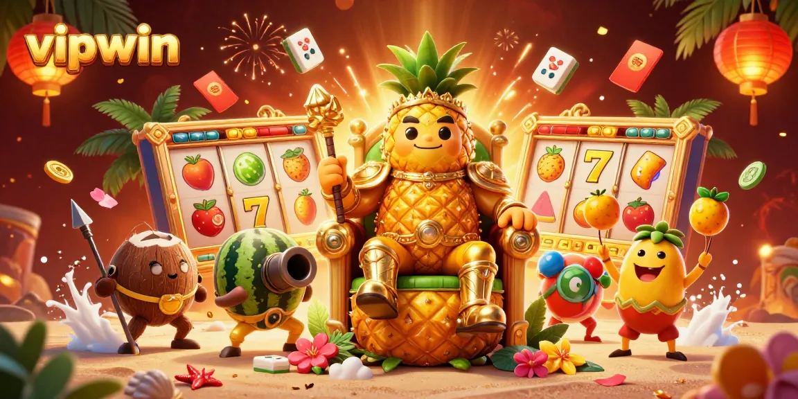 Join vipwin's vibrant beach casino adventure with a golden pineapple king and slot reels.