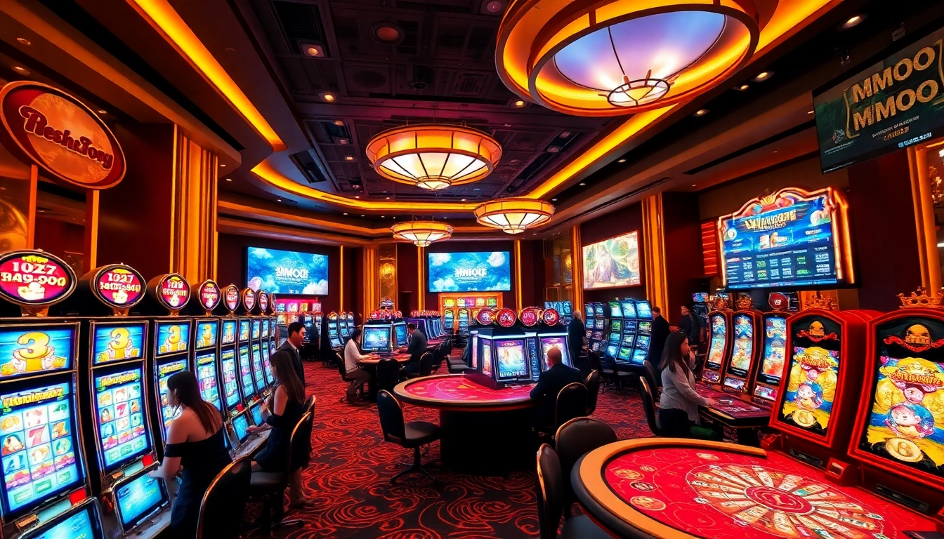 MMOO gaming ambiance with vibrant slot machines and engaging dealers