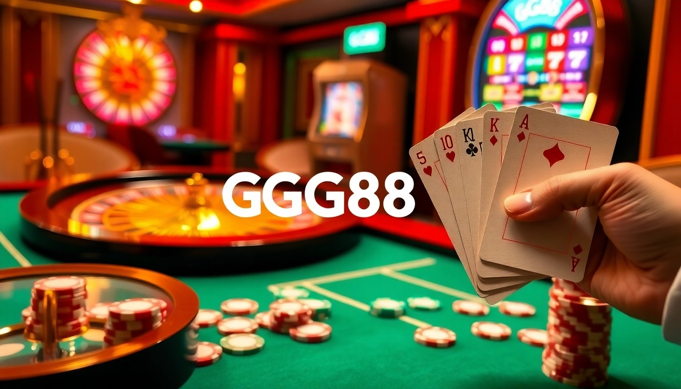 Exciting casino gameplay at https://gg88.ltd/ showcasing roulette, poker chips, and vibrant atmosphere.
