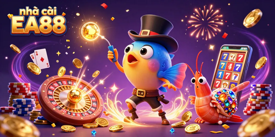 Engage with nhà cái EA88 through thrilling casino adventures and vibrant characters in a dynamic illustration.