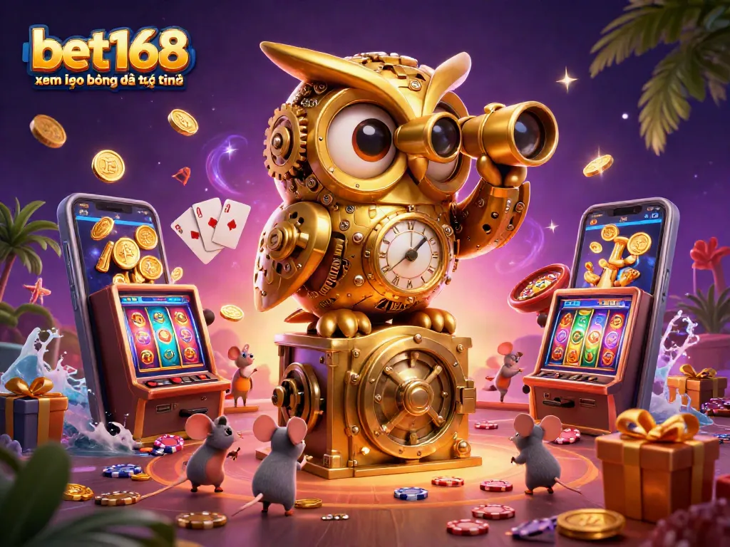 Engage with bet168 xem kèo bóng đá trực tuyến featuring a dynamic casino scene with owls and slot machines.