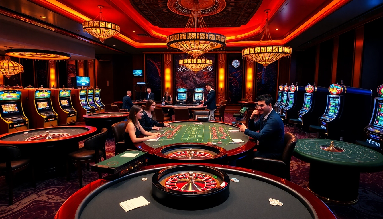 Betting action at https://nohu90.ac/ with engaging poker tables, vibrant slot machines, and lively atmosphere.