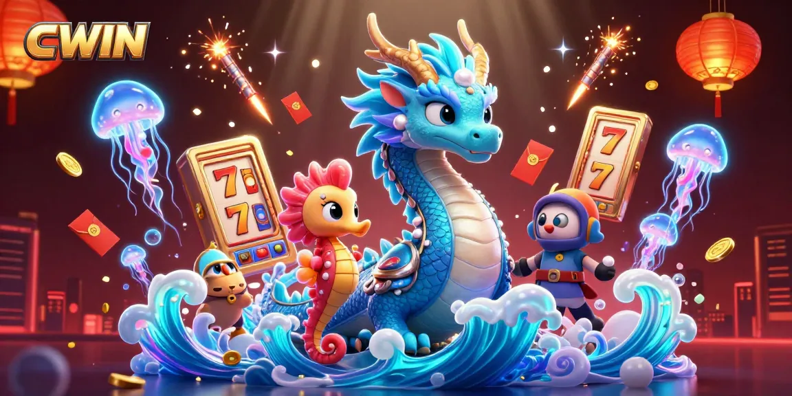 CWIN slots and jackpots illustrated by a stunning azure water dragon and coral seahorse in an underwater scene.