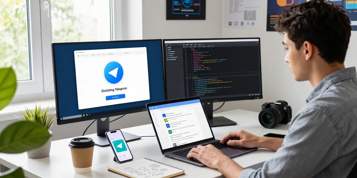 Download Telegram on a modern digital workspace with a professional downloading the app on a laptop.