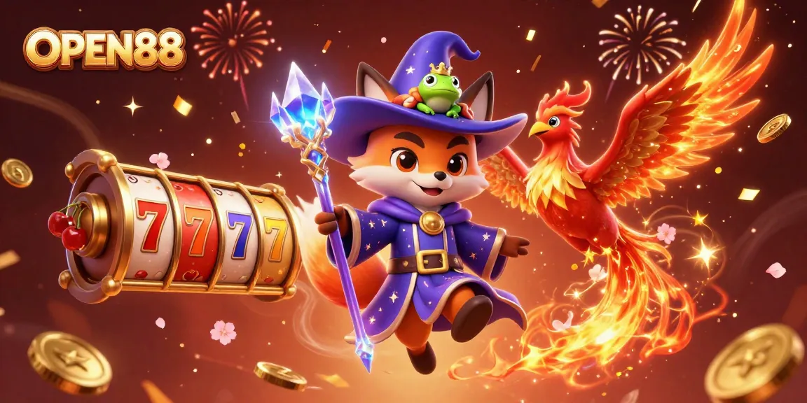 Spin the reels at OPEN88 with a whimsical wizard fox and fiery phoenix, making magic in a vibrant casino scene.
