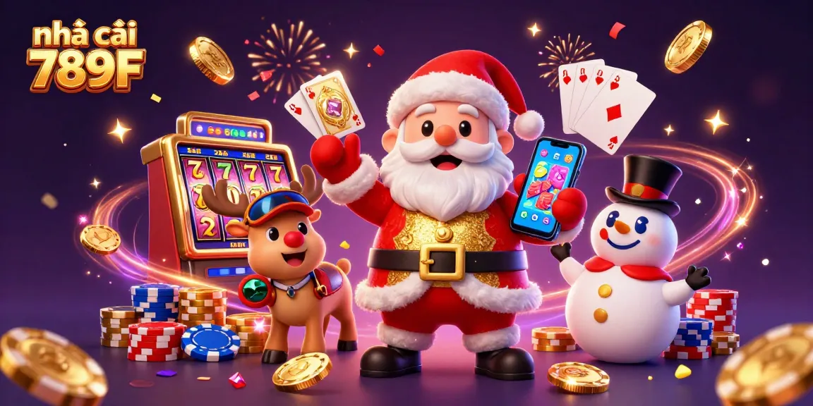 Experience thrilling slots excitement at nhà cái 789F with festive characters and vibrant casino elements.