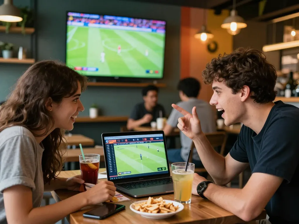 Friends discussing cá độ bóng đá strategies in a lively café during a football match