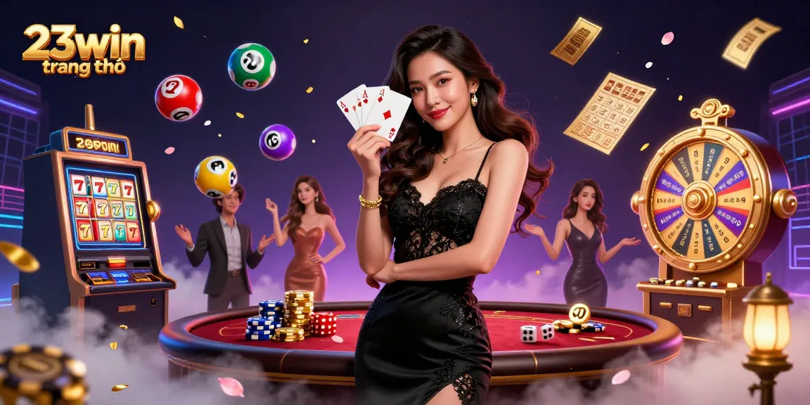 Experience the thrill at 23win trang chủ with a stylish Asian woman holding ace cards amidst a vibrant casino.