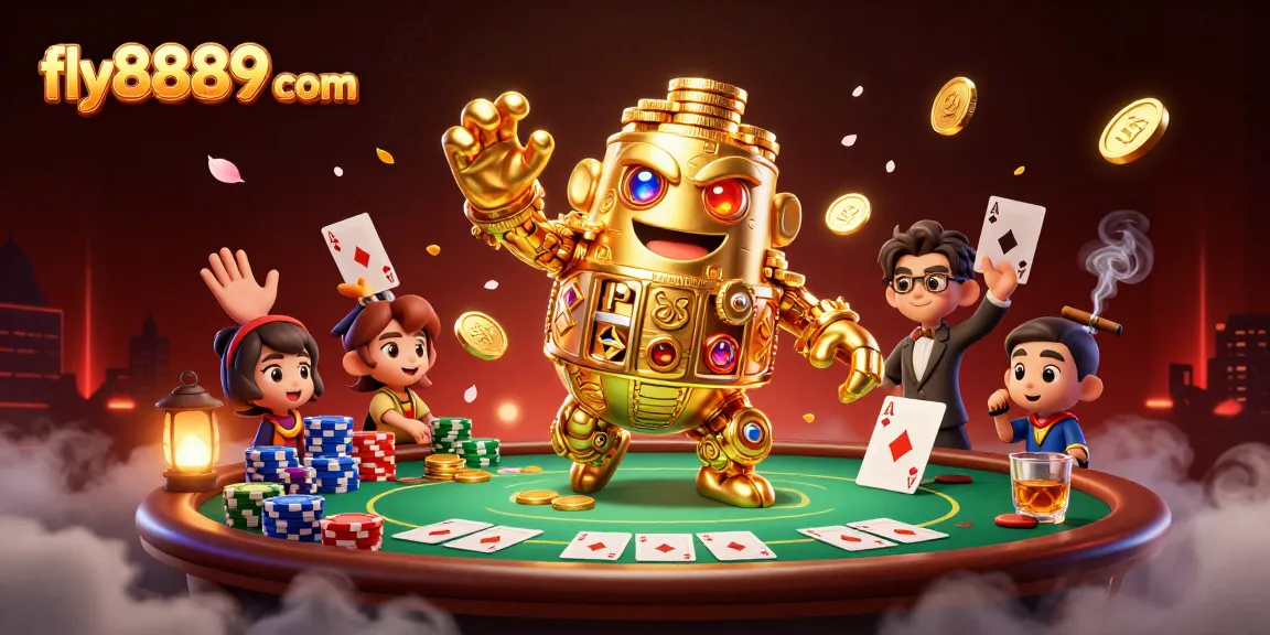 Win big with fly8889 com in a vibrant casino scene featuring a golden golem and poker elements.