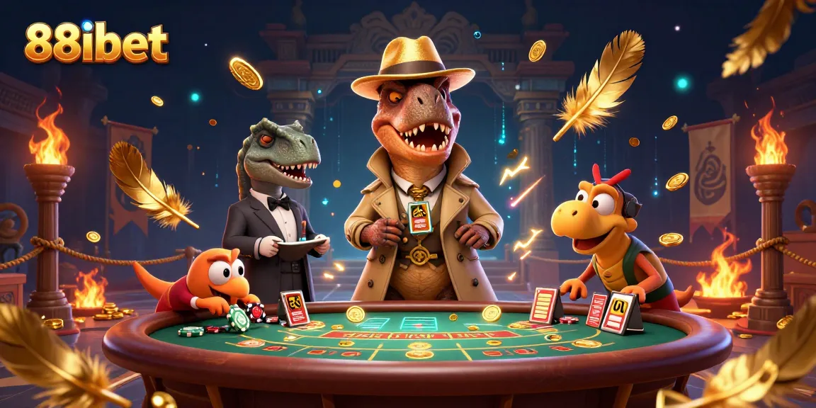 88ibet casino scene featuring a stealthy dinosaur card counter and animated casino elements.