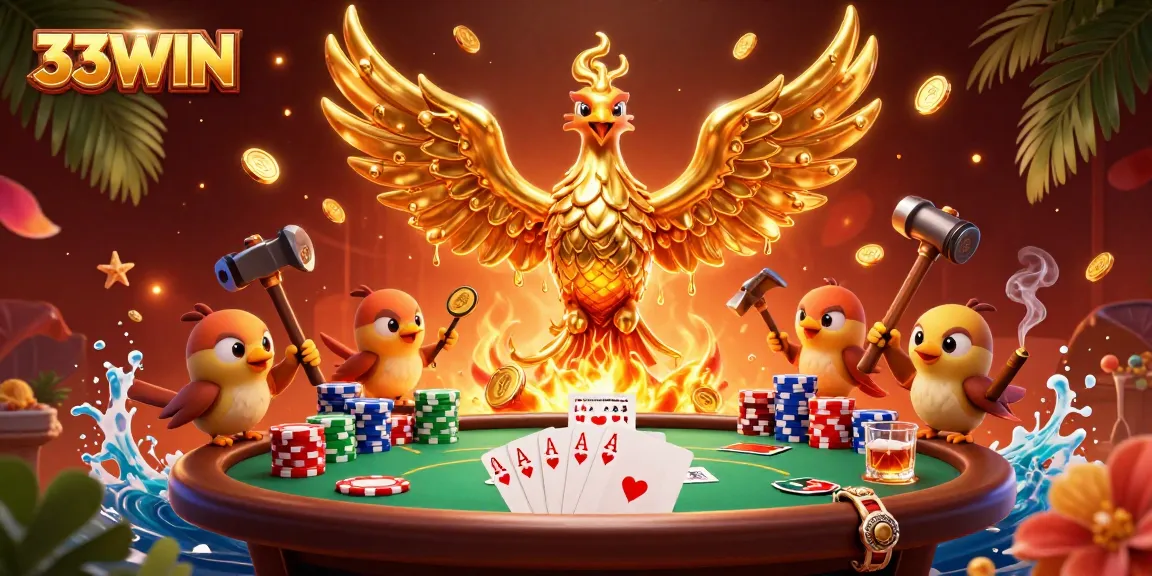 Experience winning moments with 33WIN in a vibrant casino scene featuring golden phoenix.