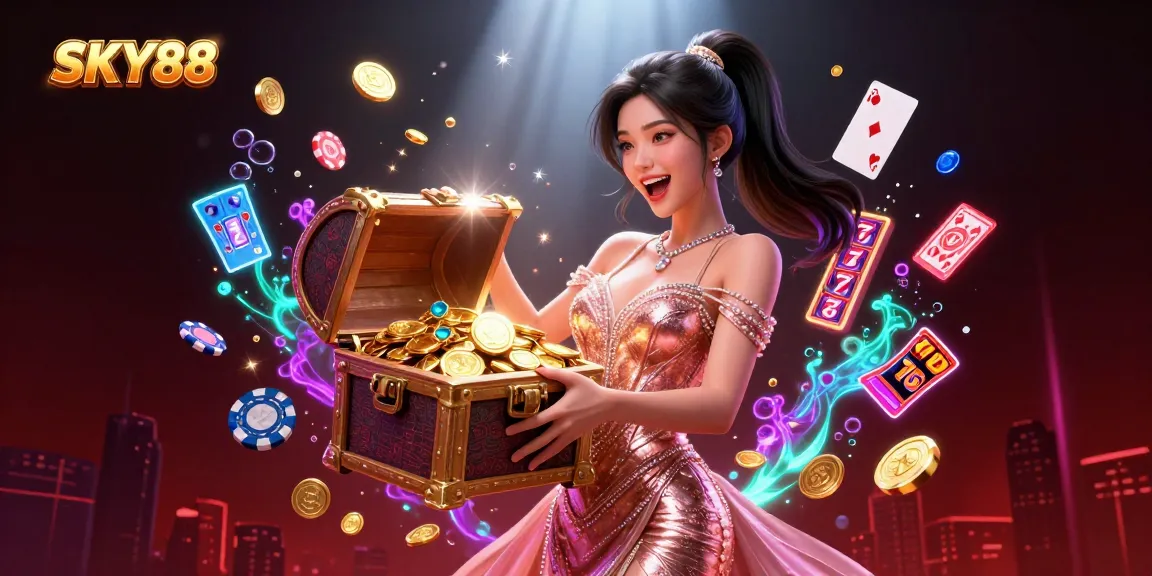 Experience thrilling gameplay at SKY88 with golden coins and vibrant slot reels in a glamorous casino scene.