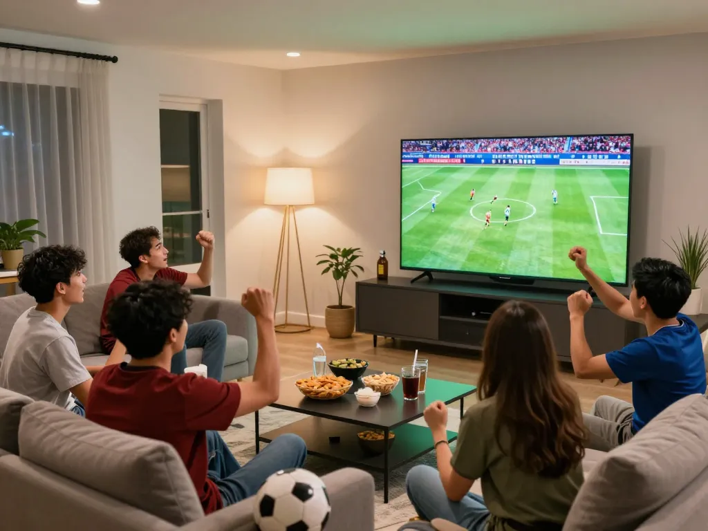 Excited friends enjoying trực tiếp bóng đá together in a cozy living room