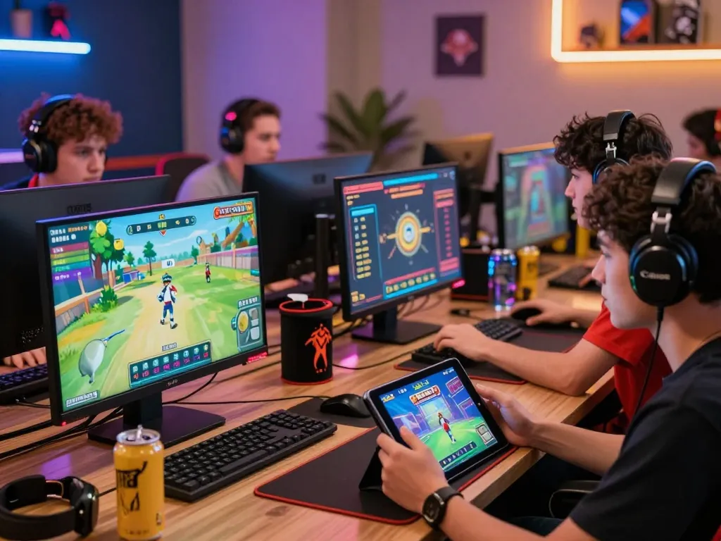 Diverse gamers enjoying various gameplay on 79kingg.us at a vibrant online gaming hub.