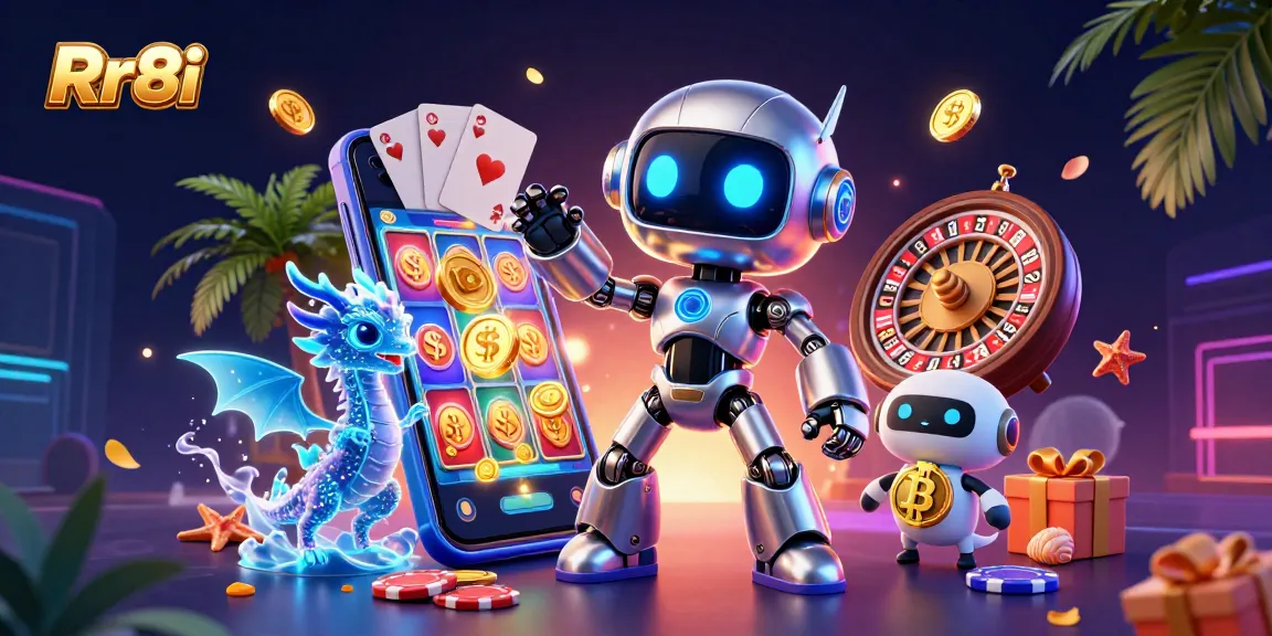 Engage in gaming action with Rr8i featuring a dynamic cyberpunk scene with exciting casino elements.