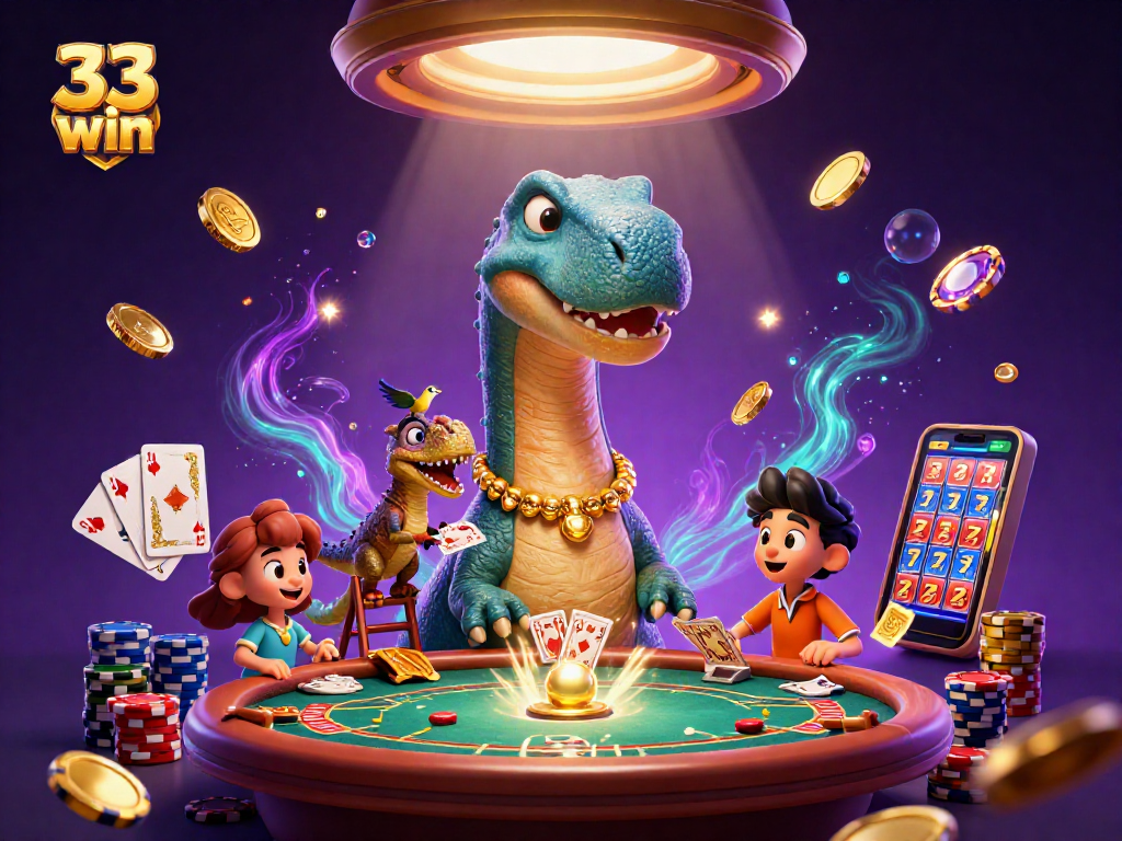Engage with thrilling casino action in this 33 win-themed illustration featuring vibrant characters and dynamic game elements.