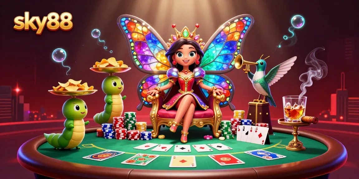 Engage in thrilling action at sky88 with a dazzling butterfly queen in a vibrant casino setting.