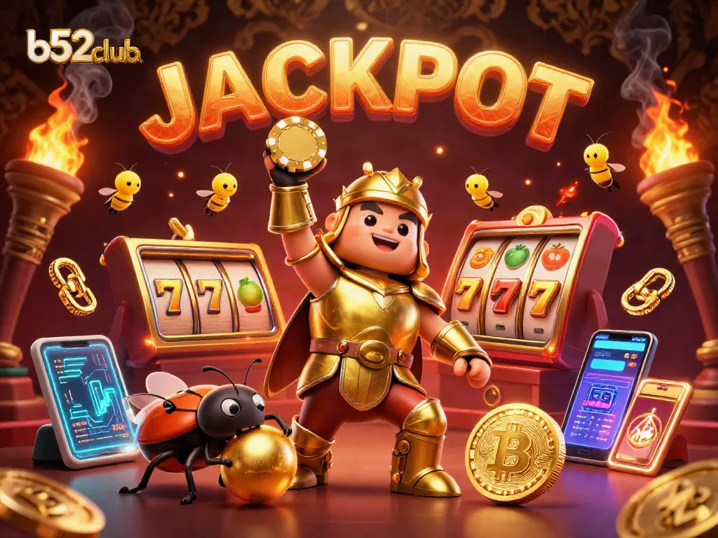 Engage with the b52club as a victorious beetle wins the game amidst glowing crypto elements.