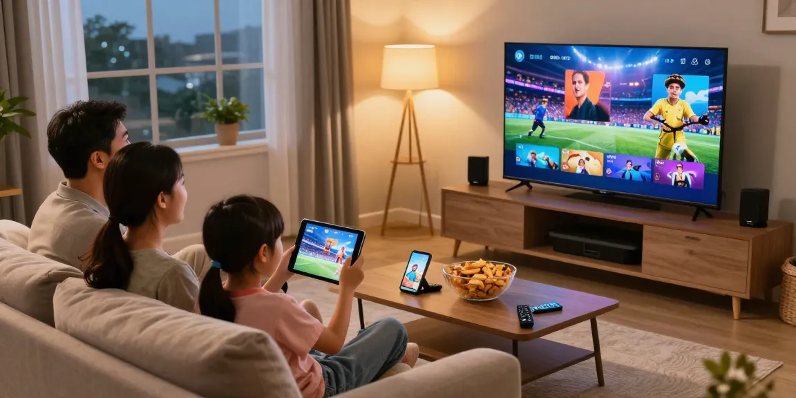Familj som njuter av IPTV Sverige-strömning tillsammans i sitt mysiga vardagsrum.