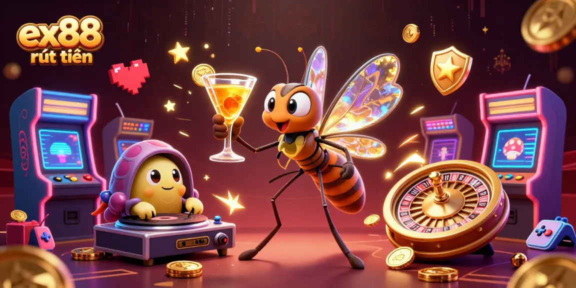 Experience the thrill of ex88 rút tiền with vibrant casino characters and arcade machines in a captivating 3D scene.