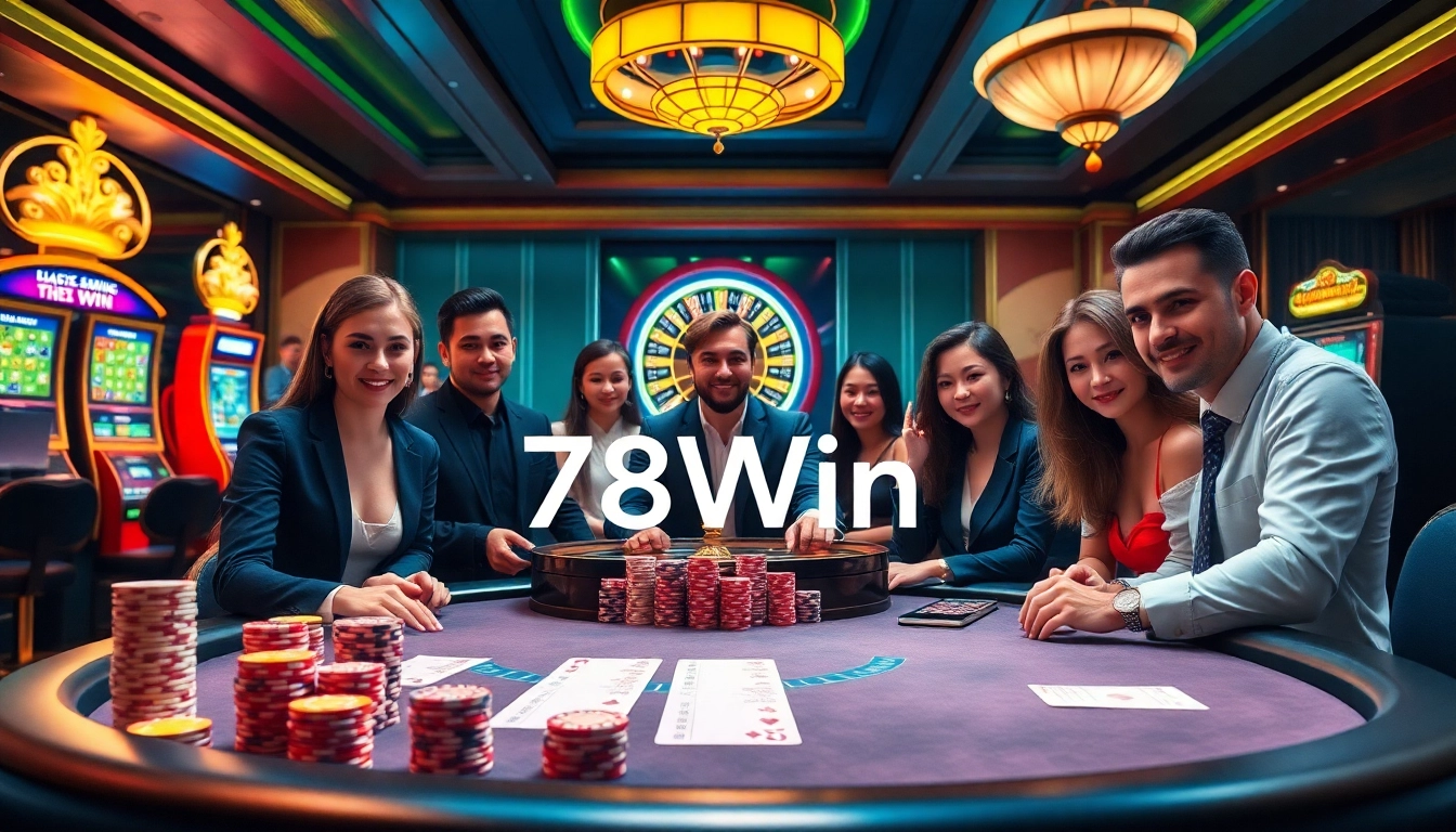 Experience the thrill of winning at 78Win casino with vibrant poker and roulette scenes.
