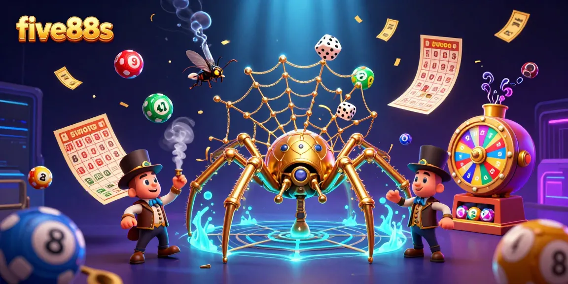 Engage in thrilling gaming action at five88s with a steampunk spider capturing dice in a vibrant casino scene.
