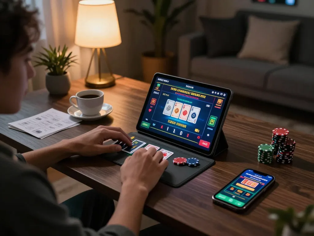 Engaging in dynamic online gaming on https://123win.click/ with tablet and cozy home ambiance.