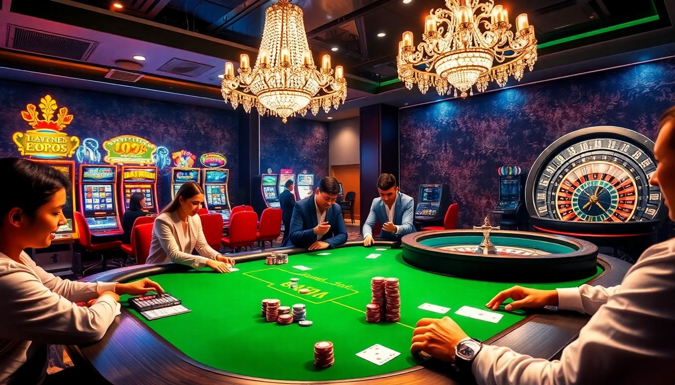Players enjoying thrilling games at UK88.training casino, featuring vibrant slot machines and a roulette wheel.