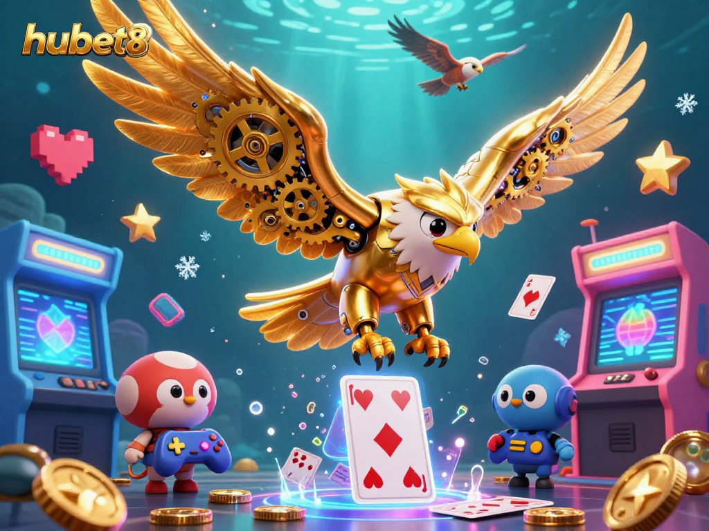 Experience hubet98 with an action-packed visual of a golden eagle diving through virtual gaming elements and casino treasures.