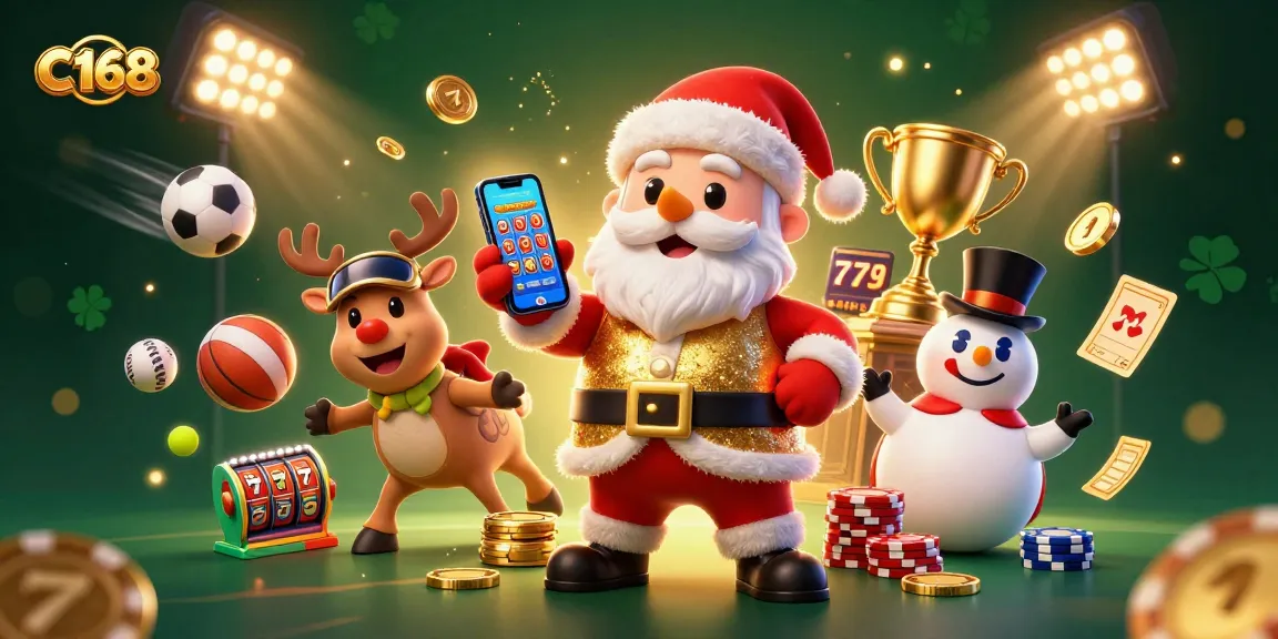 C168 engages players with vibrant slots and a festive 3D casino scene featuring Santa and friends.