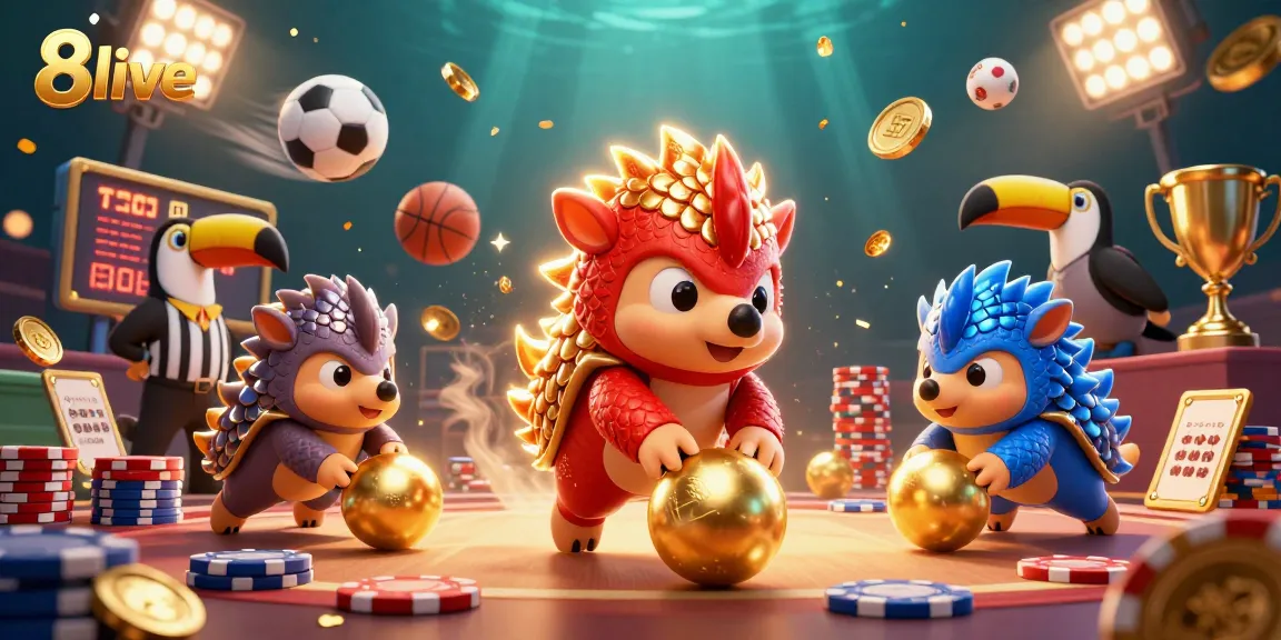 Experience the thrill of 8live with vibrant pangolins competing in a casino scene filled with poker chips and sports elements.