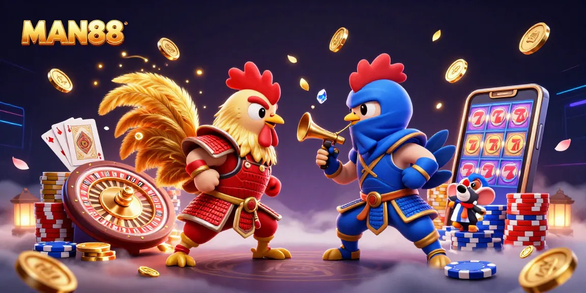 Experience dynamic gaming with MAN88's thrilling rooster showdown amidst cascading coins and gems.