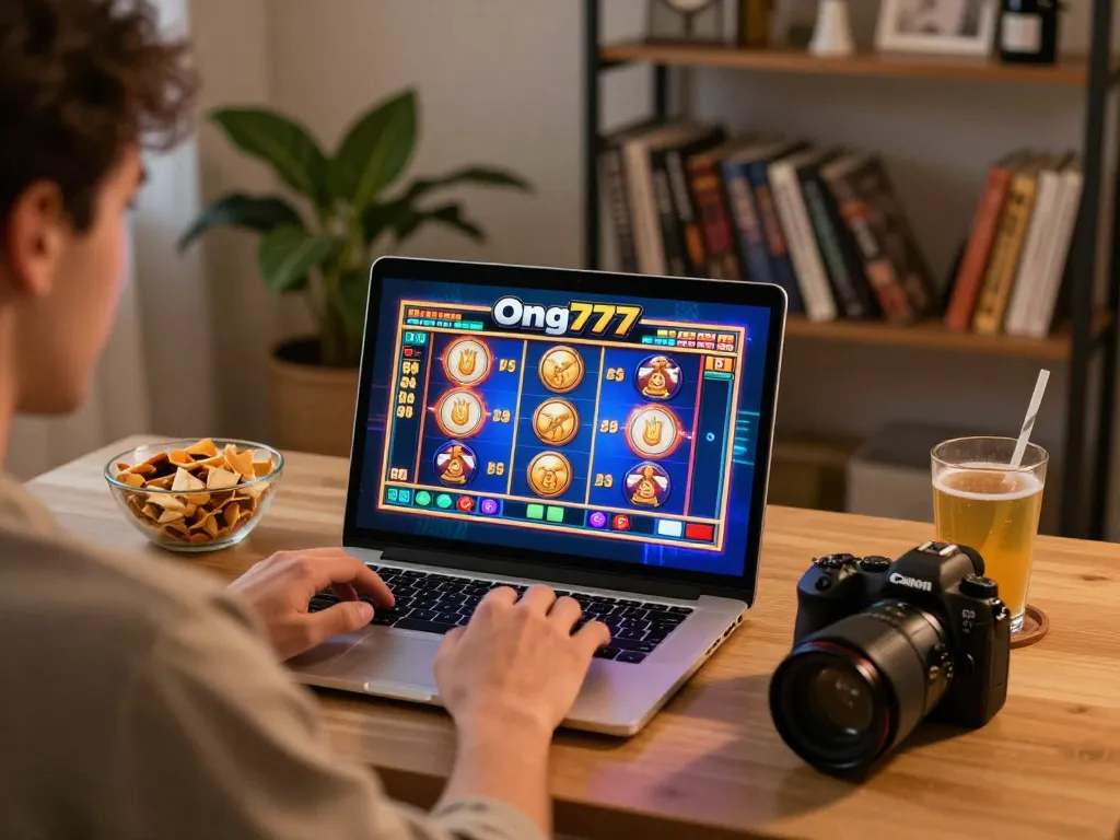 Engaging with online slots with free credit at Ong777 on a laptop during a cozy home gaming session.