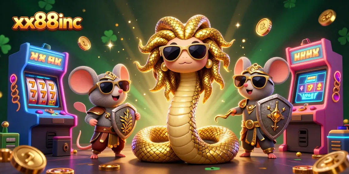 Experience the thrill of winning at xx88inc with a lively casino-themed illustration featuring Medusa and a warrior mouse.
