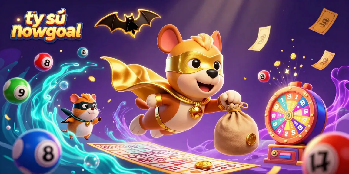 Engage with tỷ số nowgoal as the superhero dog flies with coins amidst vibrant lottery elements.
