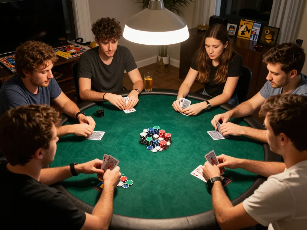 Play poker with friends at home during a Fun88 gaming night, featuring chips and cards on the table.