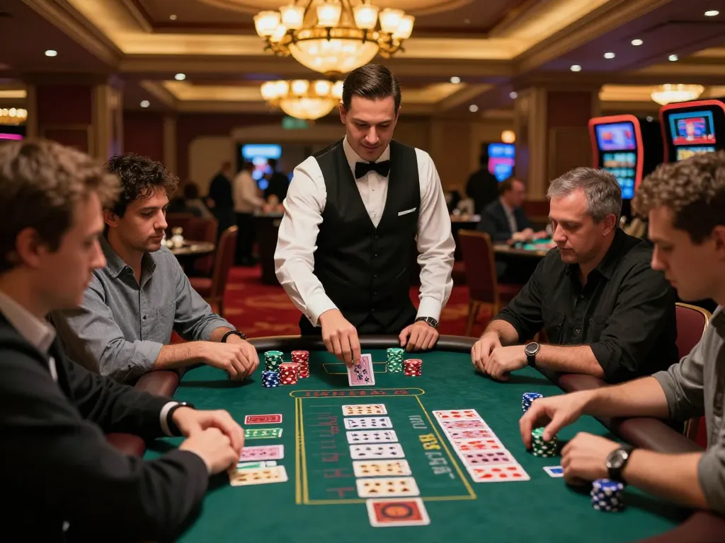 Experience RED88 blackjack excitement with players strategizing at a vibrant casino table.