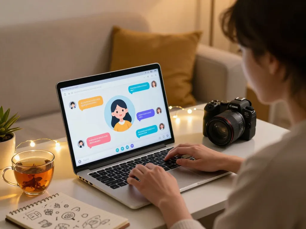Interactive virtual conversation with porn chat ai in a warm digital setting, highlighting user engagement and comfort.