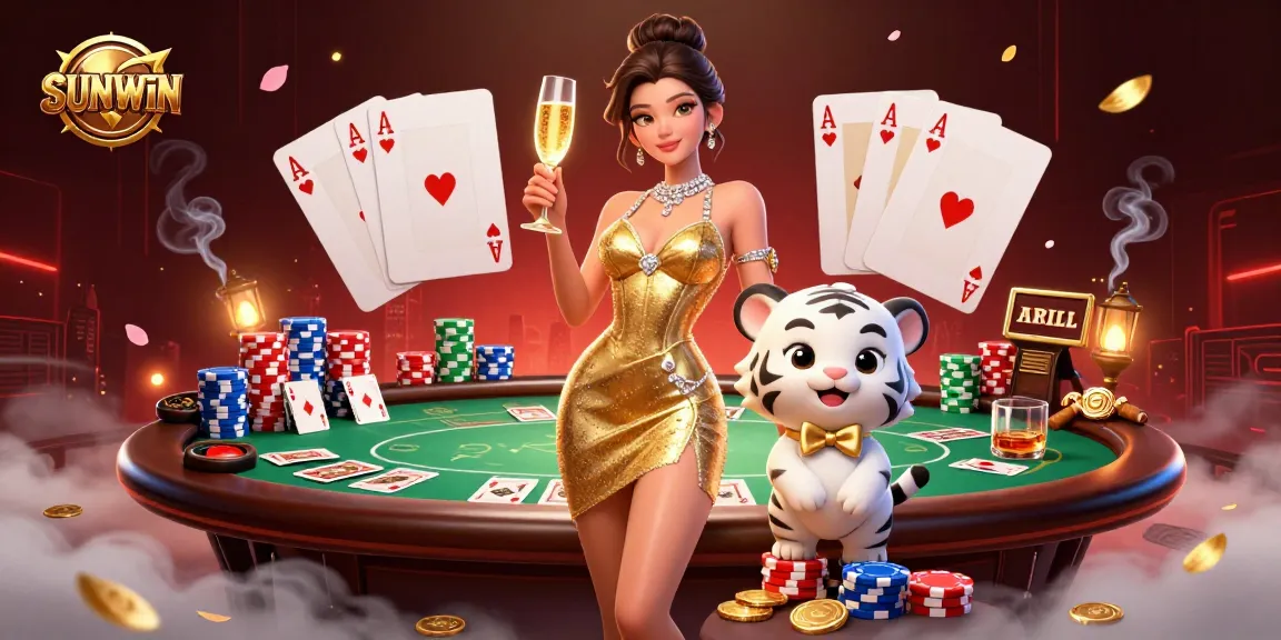 Experience thrilling gaming with SUNWIN in this vibrant casino scene featuring a glamorous woman and a lucky tiger cub.